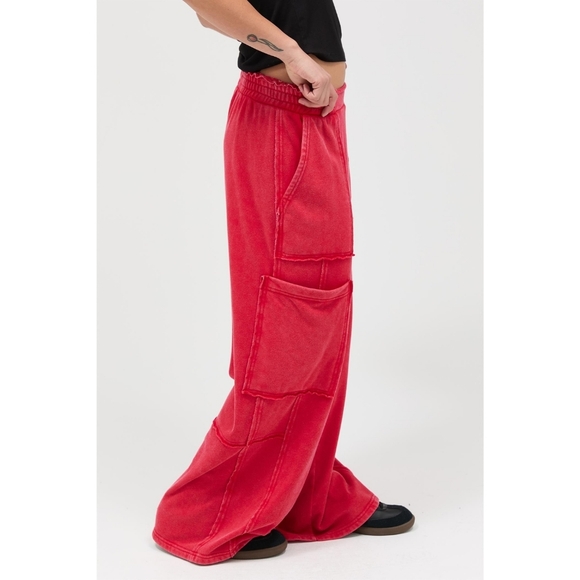 CloudDweller Red Mineral Washed Cotton Butter Soft Wide Leg Cargo Sweatpants - Picture 4 of 5